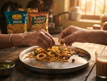 Warm editorial photograph of hands sharing small Indian snacks on a stainless steel plate, golden-hour window light, rich saturated tones, shallow depth of field, 35mm, with traditional Indian snack packaging in the background, out of focus.