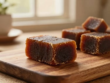 Dark brown unrefined jaggery block on a wooden board, warm kitchen setting.