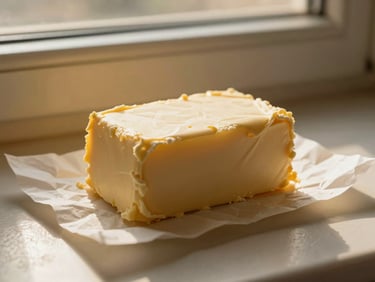 A solid block of golden farm butter on greaseproof paper, soft window shadows.