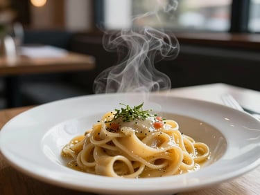 Extreme close-up of steam rising from a beautifully plated handmade pasta dish, natural soft side-lighting, deep cozy shadows, Scandinavian restaurant interior.