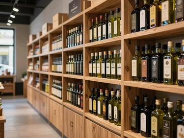 Wide environmental shot of an inviting modern food hall, wooden shelves curated with artisanal olive oil bottles, soft natural light.