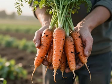 Close-up of hands holding freshly harvested heirloom carrots with damp soil, soft morning side-lighting, rustic farm background.