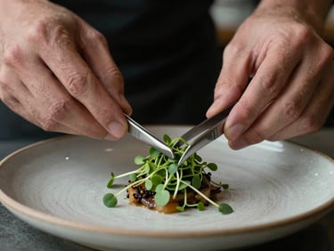 Extreme close-up of a chef's hands carefully placing microgreens on a plated dish with tweezers, moody natural side-lighting, soft focus on the rustic ceramic plate.