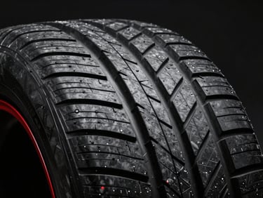 Sleek automotive photography of a high-performance tire tread pattern, dramatic high-contrast studio lighting highlighting deep rubber grooves, 85mm