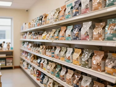 Prateleiras organizadas de rações e brinquedos em um pet shop moderno e acolhedor, luz natural, 35mm