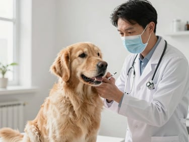 Veterinário aplicando vacina em um filhote de golden retriever, com foco na conexão e no cuidado, luz natural, 35mm