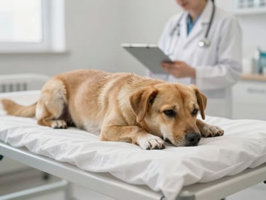 Cachorro de porte médio descansando confortavelmente em um leito de internamento limpo, sob luz suave, com um veterinário observando ao fundo, 35mm