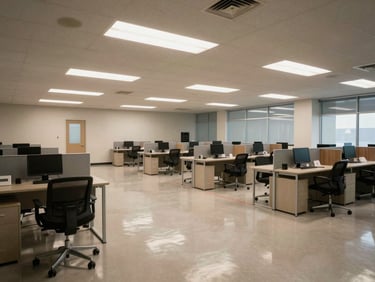 Wide establishing shot of an empty commercial office interior after janitorial cleaning, overhead fluorescent task lighting, polished hard floors reflecting ceiling lights, desks cleared and wiped, no staff or occupants