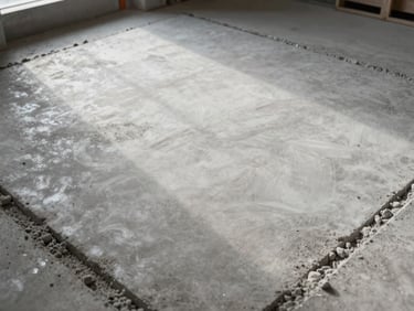 Overhead close-up shot of power-cleaned concrete floor inside a newly constructed space, construction dust swept to the edge of the frame, bright work-light illumination showing a sharp dust-free center field, no people