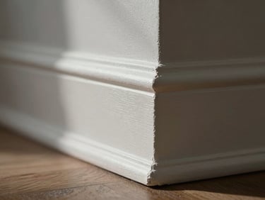 Extreme close-up of a freshly wiped baseboard corner in a residential room, task lighting raking across the surface to show zero dust residue, white painted wood, shot from floor level, no people