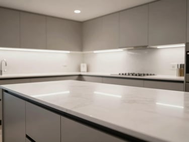 Wide establishing shot of a spotless residential kitchen interior—empty countertops gleaming under bright overhead task lighting, no clutter, cool neutral tones, focus on the clean horizontal surfaces of counters and cabinet edges receding toward the far wall