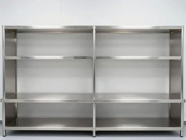 Straight-on cleanroom installation showing custom stainless steel laboratory shelving, pristine brushed satin finish, bright clinical white light, architectural 35mm