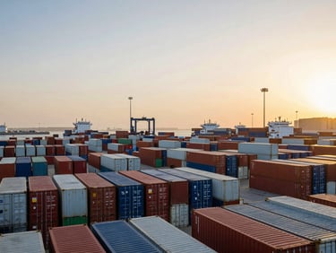 Wide environmental shot of a busy shipping port in the GCC at golden hour, cargo containers stacked neatly, dramatic natural light.