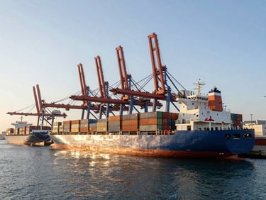 Wide panoramic shot of Muscat port at sunrise, container ships docked, dramatic natural lighting, deep shadows, clean composition.