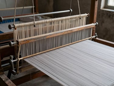 Close-up of a modern textile loom in Lahore, high-contrast industrial lighting, threads in sharp focus.