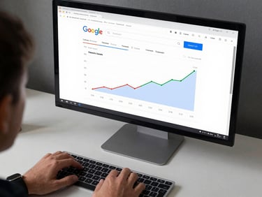 Overhead desk view of a monitor showing Google Search Console data with ranking graphs, hands on keyboard, clean studio light, no people's faces visible