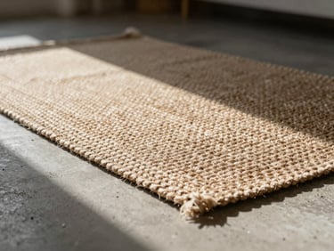 Braided jute rug on raw concrete floor, low-angle high-contrast natural sunlight casting soft afternoon shadows, macro depth of field.