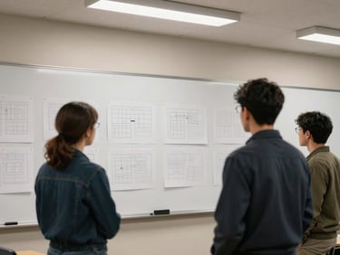 Environmental wide shot of a whiteboard session in a university conference room, two people facing the board with printed positioning frameworks pinned up, cool overhead fluorescent light, candid and unposed
