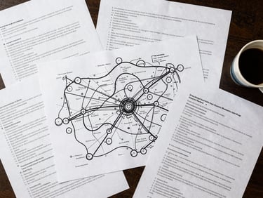 Close overhead flat-lay shot, natural studio light, research artifacts spread across a table—printed interview transcripts, hand-drawn journey maps with circled drop-off points, a coffee cup at the edge—conveying analytical rigor and human context