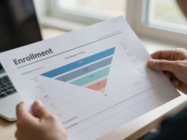 Close-up of hands holding a printed digital analytics report, enrollment funnel chart visible, natural light from a nearby window, research document texture clear and legible