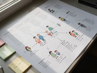Close-up overhead flat-lay of a family decision journey map spread on a table, handwritten annotations and sticky notes visible, natural daylight from a side window casting soft shadows