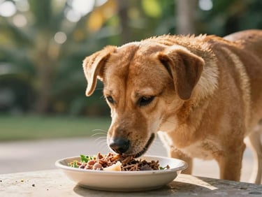 A close-up of a healthy, shiny Balinese dog happily eating fresh nutritious food from a clean bowl, soft tropical light, warm earth tones
