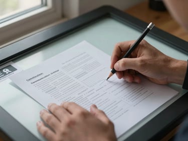 Close detail of hands marking up a communication strategy document on a light table, a pencil resting beside annotated pages, soft window light from the left, one printed brand visual partially visible at the edge of the frame