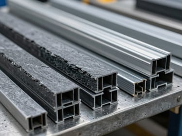 Cross-section profiles of extruded PVC fencing lined up on a metal workbench, high-contrast task lighting, slate tones, 35mm.
