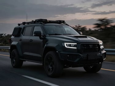 Sleek black armored tactical vehicle on a highway at dusk, low-key dramatic lighting, high contrast, desaturated dark tones, sharp focus, motion blur on background.