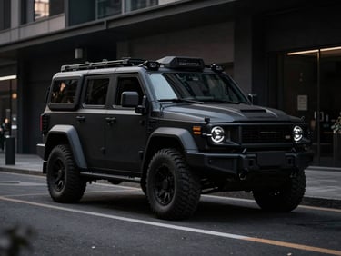 High-end black armored tactical vehicle, parked on a city street at dusk, low-key dramatic lighting, desaturated dark tones, high contrast, sharp focus.