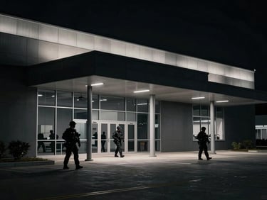 Secure, modern facility exterior at night, with subtle perimeter lighting, professional security personnel patrolling, low-key dramatic lighting, high contrast, desaturated tones, sharp focus.