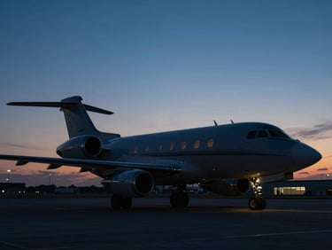 Cinematic wide shot of a heavy jet parked outside a private terminal at dusk, dark silhouette against a deep sky.