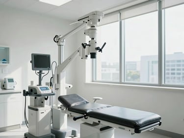 Eye-level medium shot of a bright, clean modern diagnostic clinic room with advanced medical equipment, natural daylight streaming through a large window, pristine white surfaces.