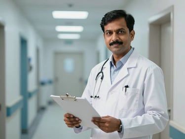 Direct eye-level portrait of Dr. R. S. Yadav in a clean white doctor's coat, holding a medical chart, standing in a brightly lit, modern hospital corridor with soft blue accents and professional clinical lighting.