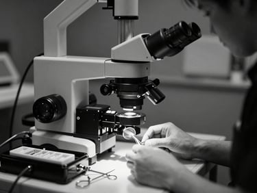 Gros plan cinématographique monochrome d'un microscope opératoire moderne, avec des instruments dentaires fins en dessous, éclairage ciblé.