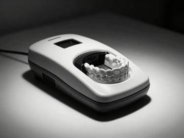 Gros plan cinématographique monochrome d'un scanner intra-oral élégant, lumière dramatique, sur une surface blanche et propre.