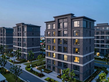 Modern residential quarter with brick facades and green courtyards, bright daylight, architectural photography