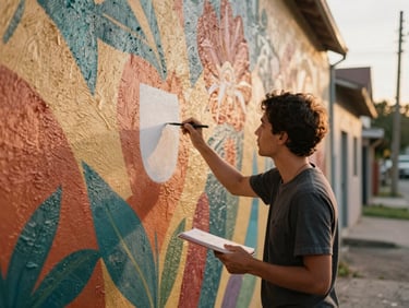 An artist in mid-process painting a vibrant neighborhood street mural, warm natural light, rich earth tones, tactile wall textures.