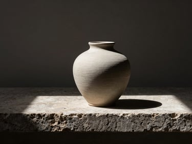 Close-up of a minimalist ceramic vase on a raw stone ledge, harsh direct sunlight casting dramatic shadows, desaturated neutral tones