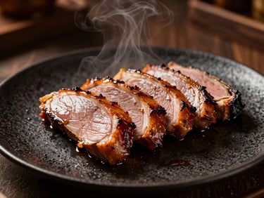 Moody editorial food photography, dramatic low-key side lighting, warm amber tones, extreme shallow depth of field, 35mm. Slices of smoked duck breast with a dark glaze on a textured charcoal plate, steam rising.