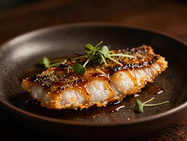 Moody editorial food photography, dramatic low-key side lighting, warm amber tones, extreme shallow depth of field, 35mm. Flaky black cod with a caramelized miso glaze, micro-herbs, on a dark ceramic dish.