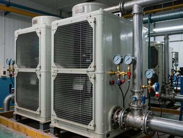Large-scale industrial water chiller unit, heavy piping, pressure gauges, cool-toned lighting