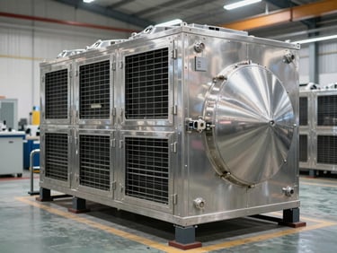 A heavy-duty industrial air handling unit with stainless steel casing, technical design, clean factory floor setting