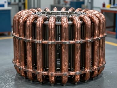 A high-contrast macro technical shot of a massive copper-nickel condenser coil assembly, cool factory floor lighting, sharp metallic details.
