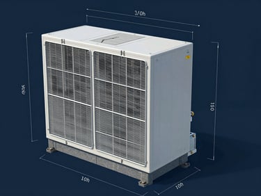 A precise 3D CAD schematic of a marine air handling unit, technical line drawings with measurement annotations on a dark blue background.