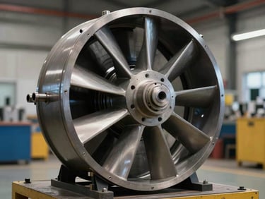 Heavy-duty marine ventilation fan impeller, spark-resistant construction, industrial workshop background