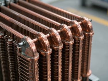 Extreme close-up of a heavy-duty copper-nickel condenser coil with precise technical fins, clean factory floor lighting, high-contrast details.