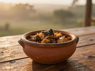 Slow-cooked regional Paraiba dish served in a traditional clay pot on a rustic wooden table, soft golden hour light