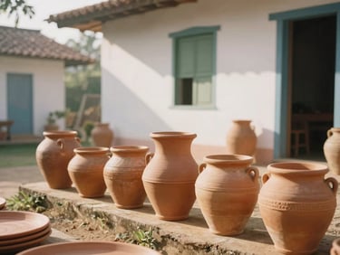 Beautiful terracotta clay pots and plates drying in a sunny courtyard of a colonial house in Bananeiras, soft shadows, warm editorial look