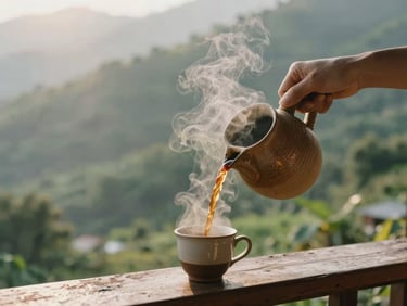 Pouring hot coffee from a rustic ceramic pot into a cup, steam rising into the cool misty air of a mountain balcony, lush green background, warm tones